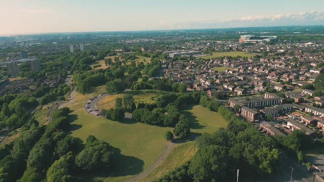 Aerial drone shot of suburban neighbourhood in Anfield, Liverpool, England