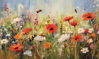  a painting of a field of flowers with bees flying over it and a blue sky in the background with white, red, and yellow flowers.  generative ai