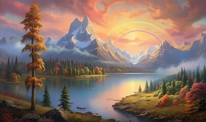  a painting of a mountain lake with a rainbow in the sky and a rainbow in the sky over the water and trees and mountains in the foreground.  generative ai