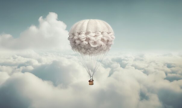  a hot air balloon with a bunch of clouds in the sky with a person in the middle of it flying in the sky above the clouds.  generative ai