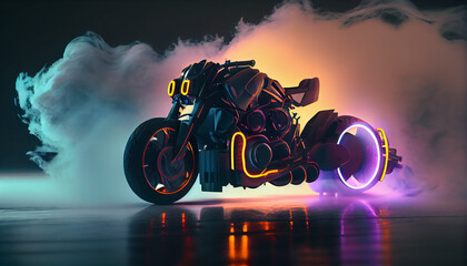 Motorbike in a futuristic neon light and fog, 3D rendering Ai generated image