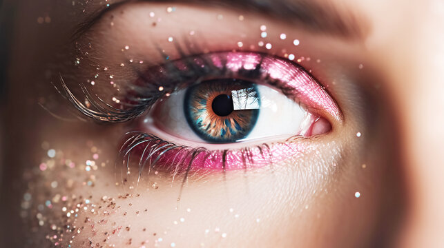 Beautiful eye trendy pink glitter makeup and black long eyelashes, barbicor style. Part of a woman's face close-up