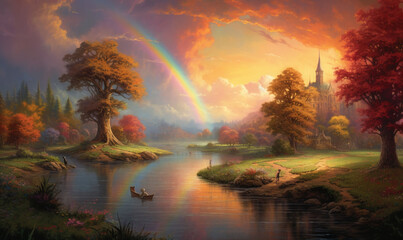  a painting of a river with a rainbow in the sky and a boat in the water in the foreground and a castle in the background.  generative ai