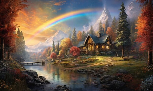  a painting of a house with a rainbow in the sky over a lake and mountains in the background with a bench in the foreground.  generative ai