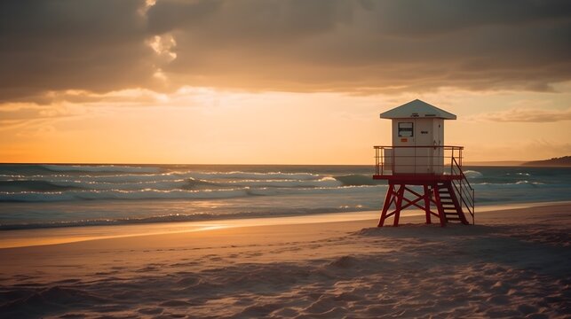 A beautiful sandy beach with evening golden hour sunset, and lifeguard tower, cloudy sky, good for background and backdrops. Summer beach. Generative AI technology.