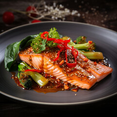illustration of fried salmon meat with sauce