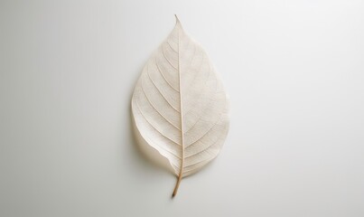  a single white leaf on a white background with a shadow of a leaf on the wall behind it, with a shadow of a leaf on the wall.  generative ai