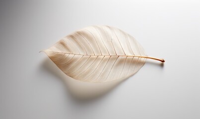  a single white leaf laying on a white surface with a brown stem on top of the leaf is a light brown stem with a brown tip.  generative ai