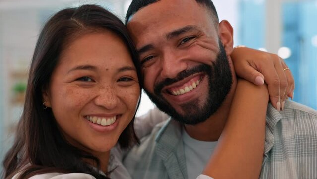 Love, face and a couple hug in a house for happiness, marriage and gratitude together. Smile, care and portrait of a man and woman in an embrace in an apartment for romance, bonding and relax