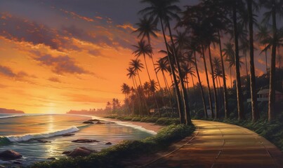  a painting of a sunset on a tropical beach with palm trees and a path leading to the ocean with a path leading to the beach.  generative ai