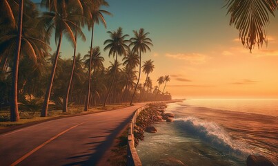  a scenic view of a beach with palm trees and a road leading to the ocean with waves crashing on the shore and the sun setting in the distance.  generative ai
