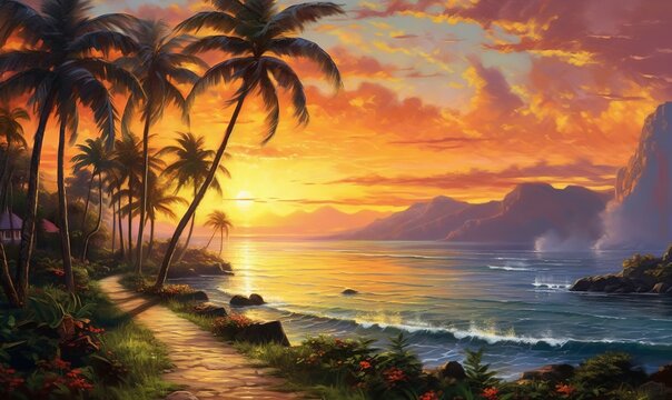  a painting of a tropical sunset with palm trees and a path leading to the ocean with waves crashing on the shore and mountains in the distance.  generative ai