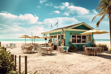 Fototapeta premium Picturesque seaside cafe on blue sky background. Generative AI