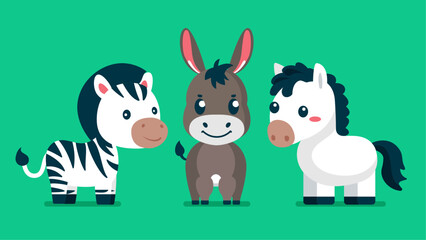 Set of cute wild animals, horse, donkey, zebra, Safari jungle animals flat vector illustration 
