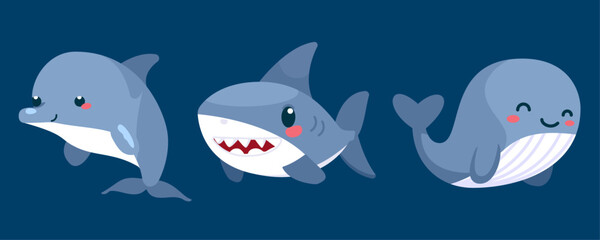 Set of cute wild animals, whale, dolphin, shark, Safari jungle animals flat vector illustration 