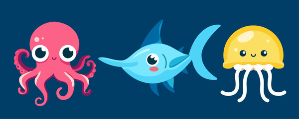 Set of cute wild animals, jellyfish, Swordfish, octopus, Safari jungle animals flat vector illustration 