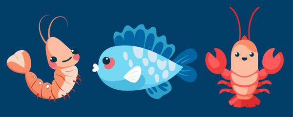 Set of cute wild animals, crab, Fish, shrimp, Safari jungle animals flat vector illustration 