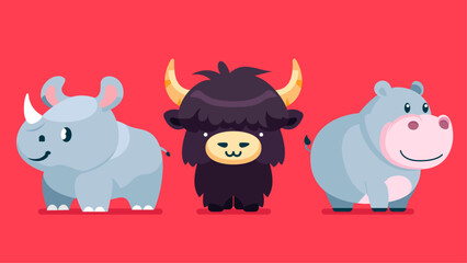Set of cute wild animals, hippopotamus, rhinoceros, Buffalo, Safari jungle animals flat vector illustration 