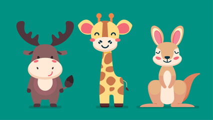 Set of cute wild animals, Kangaroo, giraffe, deer, Safari jungle animals flat vector illustration 
