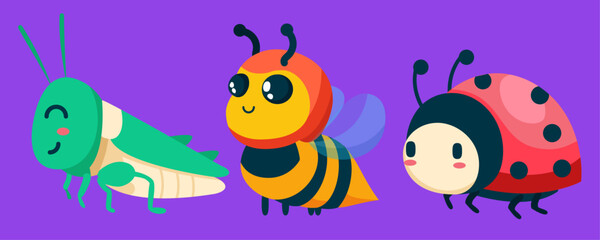 Naklejka na ściany i meble Set of cute wild animals, ladybug, wasp, bee, grasshopper, Safari jungle animals flat vector illustration 
