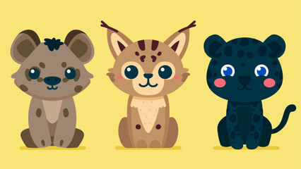 Fototapeta premium Set of cute wild animals, hyena, Black Panther, lynx, Safari jungle animals flat vector illustration 
