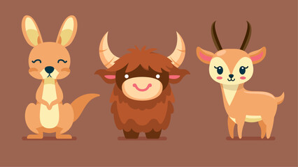 Set of cute wild animals, gazelle, Buffalo, Kangaroo, Safari jungle animals flat vector illustration 