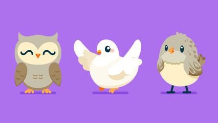 Set of cute wild animals, Quail, pigeon, dove, owl, Safari jungle animals flat vector illustration 