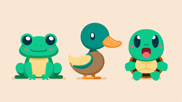 Set of cute wild animals, turtle, mallard duck, frog, Safari jungle animals flat vector illustration 