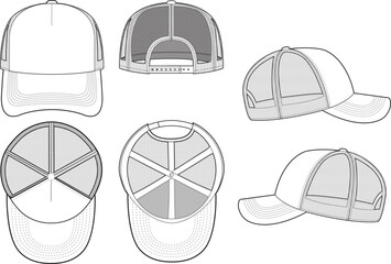 Trucker Hat Snapback Technical Drawing Illustration Blank Streetwear Mock-up Template for Design and Tech Packs CAD Strap Mesh