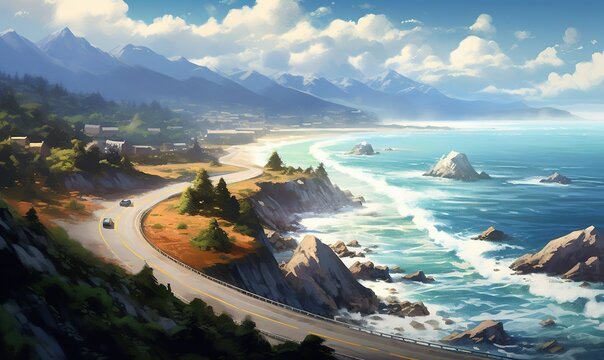  a painting of a coastal road with a view of the ocean and mountains in the distance with cars driving on the road near the water.  generative ai