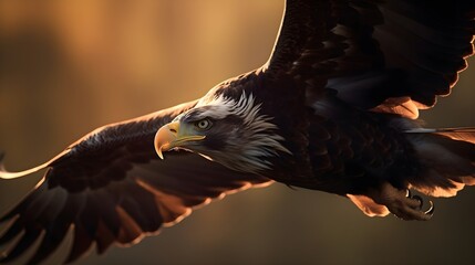 Close up shot of Bald Eagle Haliaeetus Leucocephalus white head flying catching a prey. Generative AI technology.