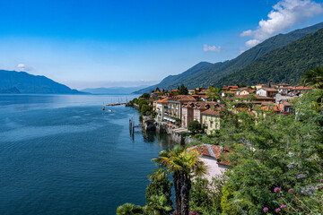 Cannero Riviera, Lake Maggiore. Panoramic view from the seafront of the old town. Piedmont, Italian...