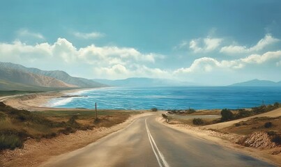  a painting of an empty road with a view of the ocean in the distance and mountains in the distance with a blue sky with white clouds.  generative ai