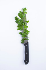 Kitchen knife with fresh parsley on the white background. Top view. Close-up.