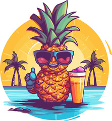 Pineapple mascot wearing sunglass in beach and drink