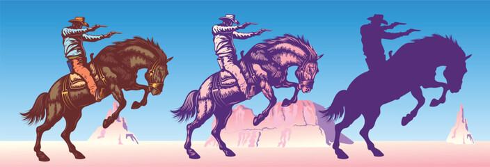 vector set of illustrated cowboy riding wild mustang horse against weathered desert mountains background