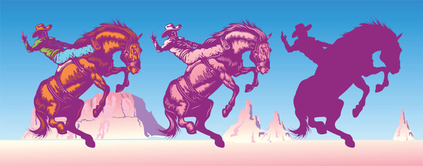 vector set of illustrated cowboy riding wild mustang horse against weathered desert mountains background