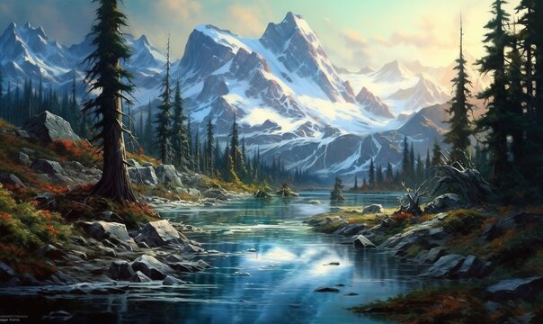  a painting of a mountain landscape with a river running through the middle of it and trees on both sides of the riverbank and a mountain range in the distance.  generative ai