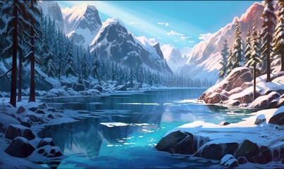  a painting of a mountain lake surrounded by snow covered mountains and evergreen trees with a blue sky and sun shining through the clouds above it.  generative ai