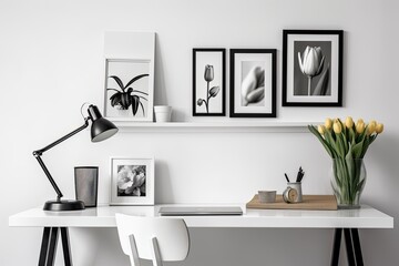 Modern office desk with a white table, an empty frame, books, stationery, and a coffee cup. Generative AI