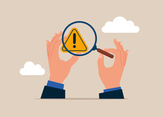 Hand human with magnifying glass and with exclamation attention sign. Root cause analysis or solving problem. Flat vector illustration - obrazy, fototapety, plakaty