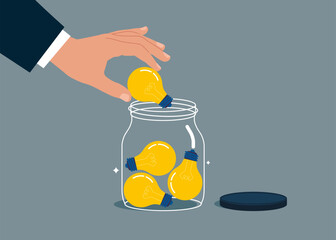 Businessman collect lightbulb idea into Glass Jar. Modern vector illustration in flat style 