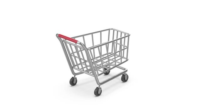 Empty metal shopping cart on white background