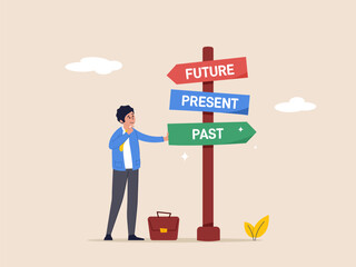 Businessman and a signpost arrows showing three different options, past, present and future course, Choose journey direction. Modern flat vector illustration.