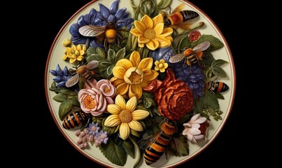  a plate with a bunch of flowers and bees on it with a bee on the side of the plate and a bee on the side of the plate.  generative ai