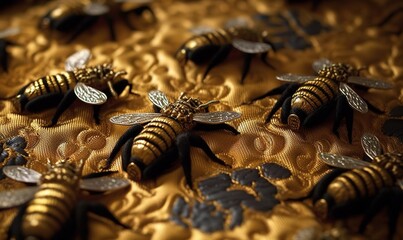  a group of bees sitting on top of a golden cloth covered in black and gold flowers and leaves on a table cloth with a pattern.  generative ai