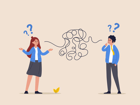 Bad communication concept. Misunderstanding create confusion in work, miscommunicate unclear message and information, businessman talking through messy chaos, tangled phone line make other confused.