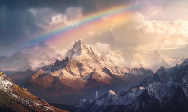  a rainbow over a mountain range with a rainbow in the middle of the sky and a rainbow in the middle of the mountain, with a rainbow in the middle of the sky.  generative ai