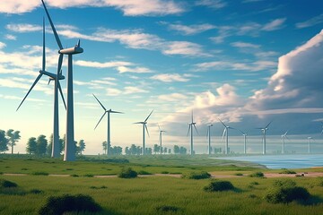 Wind farm with tall wind turbines to generate electricity. Created with Generative Ai technology.