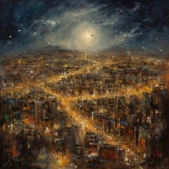 Expressive oil painting of night city, yellow sky with oil paint stars and moon, night scene with romantic sky, generative AI